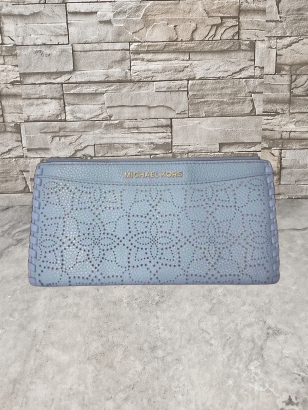 Michael Kors Karson Laser Cut Slim Card Case Wallet Pale Blue
